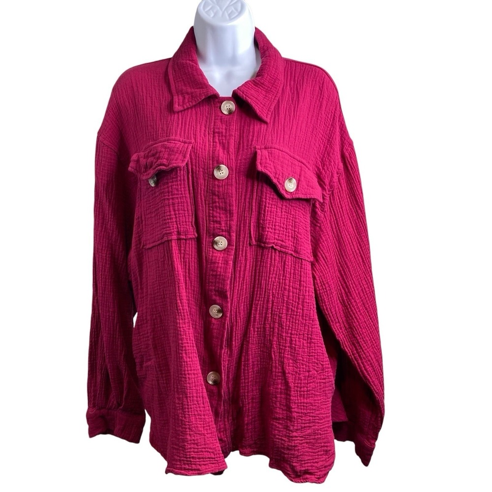 FANTASTIC FAWN Hot-Pink Cotton Gauze Button-Up Shirt L Flowy Boho Preppy Casual